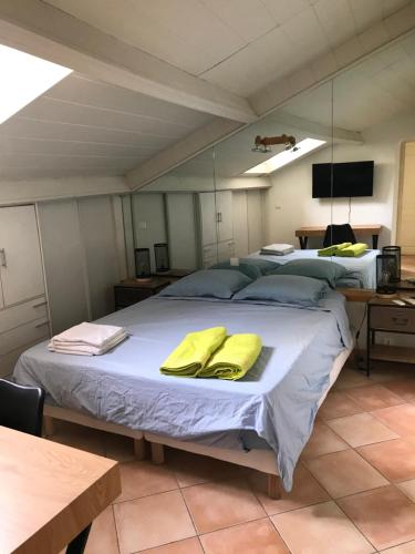 - une chambre avec 2 lits et des serviettes jaunes dans l'établissement Appartement 3 chambres proche mer et Negresco, à Nice