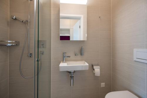 a bathroom with a toilet and a sink and a shower at Centralhof A 22 in Davos