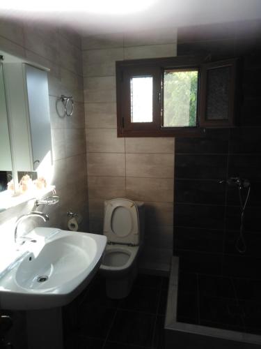 a bathroom with a sink and a toilet and a window at Villa elli 2 in Ammouliani