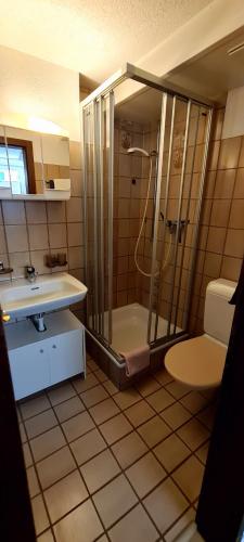 y baño con ducha y lavamanos. en Apartmenthaus Sunshine, en Saas-Grund