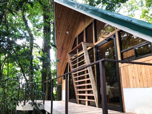 a tree house with a staircase leading up to it at Tityra Lodge in Monteverde Costa Rica