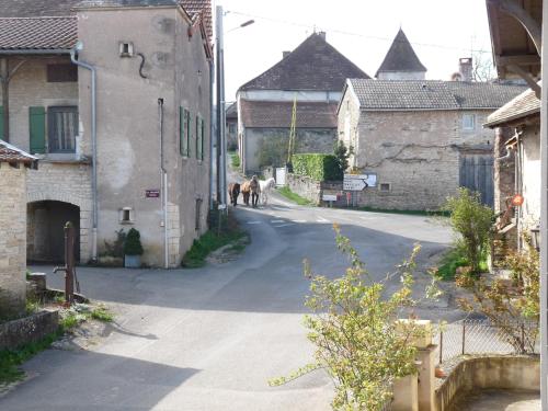 two horses walking down a street in a village at La Maison des Lys in Chissey-lès-Mâcon