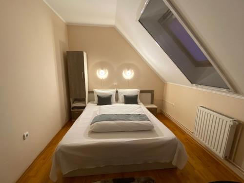 a bedroom with a large bed with a large window at Vila Eszter in Sovata