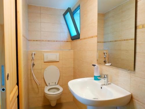 a bathroom with a toilet and a sink and a window at Camping Grondola - FedericoFarm in Pontremoli