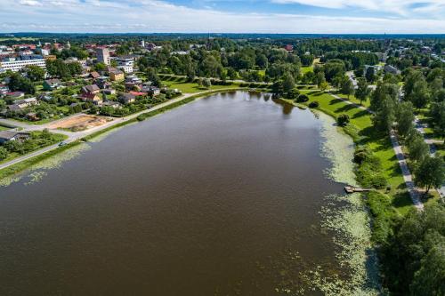an aerial view of a river in a city at Lakeview beach apartment in Viljandi in Viljandi