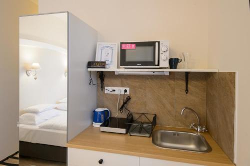 kuchnia ze zlewem i telewizor na półce w obiekcie Illaberek Panzió w Egerze