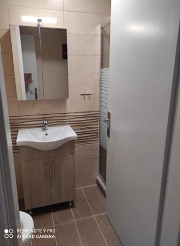 a bathroom with a sink and a mirror and a shower at Aktaion in Milina