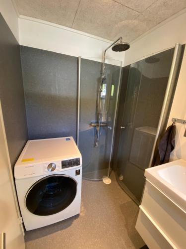 a washing machine in a bathroom with a shower at Gásadalur Apartments @ World famous waterfall in Gásadalur