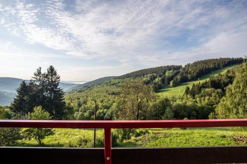 a view of a valley from a red bench at Apartmány nad Šlikovkou in Jáchymov