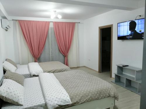 a bedroom with two beds and a flat screen tv at Didy Residence in Eforie Nord