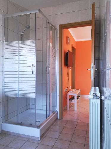 a shower with a glass door in a bathroom at Pejić Apartments in Pula