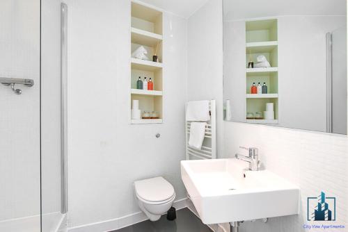 a bathroom with a toilet, sink, and mirror at City View Apartments Rotunda in Birmingham