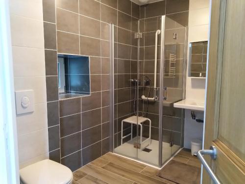 une salle de bain avec une douche avec des toilettes et un lavabo dans l'établissement La Fourmondière supérieure, maison éclusière, à Montflours