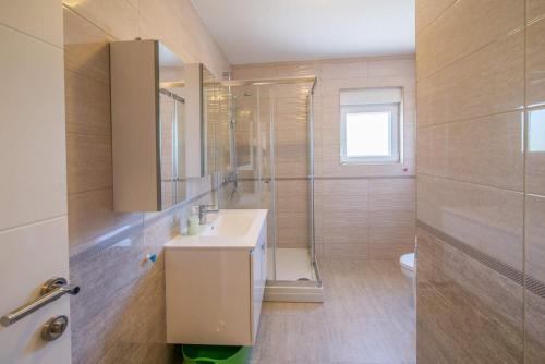 ein Bad mit einem Waschbecken, einer Dusche und einem WC in der Unterkunft Apartman Zoe Vrbnik in Vrbnik