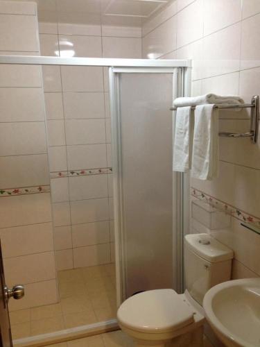 a bathroom with a shower and a toilet and a sink at 海島屋 in Beigan