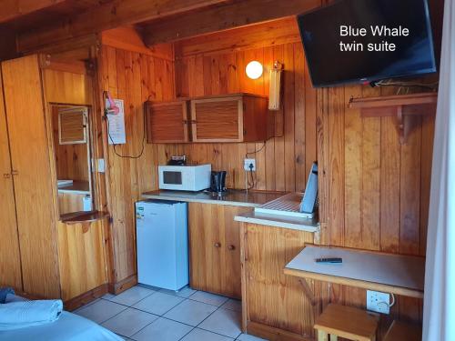 a kitchen with wooden walls and a blue refrigerator at Lakeside Accommodation in Knysna