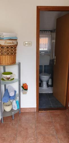łazienka z toaletą i otwieranymi drzwiami w obiekcie Apartment Monica w mieście Senj