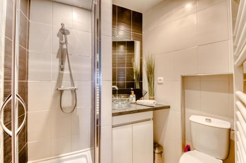 une salle de bain avec douche et toilettes dans l'établissement Cosy apartment + secured PARKING, à Cannes