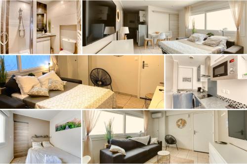 a collage of photos of a living room and a bedroom at Cosy apartment + secured PARKING in Cannes