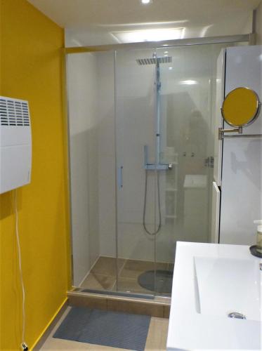 a shower with a glass door in a bathroom at Les terrasses de Malmedy Studio 333 Yellow Grey in Malmedy