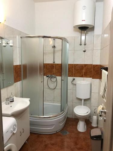 a bathroom with a shower and a toilet and a sink at Apartments Bumbar in Rogoznica