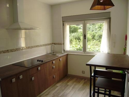 eine Küche mit einem Waschbecken, einem Fenster und einer Theke in der Unterkunft Apartamentos La Tata in Avilés