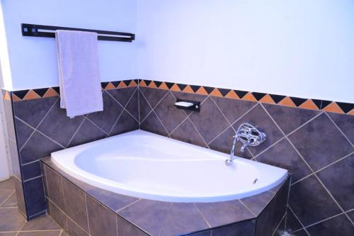 Union Guesthouse في بريتوريا: حوض استحمام في حمام مع حوض