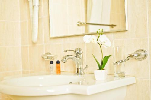 a bathroom with a sink and a mirror and flowers at Grand Hotel & Spa Tirana in Tirana