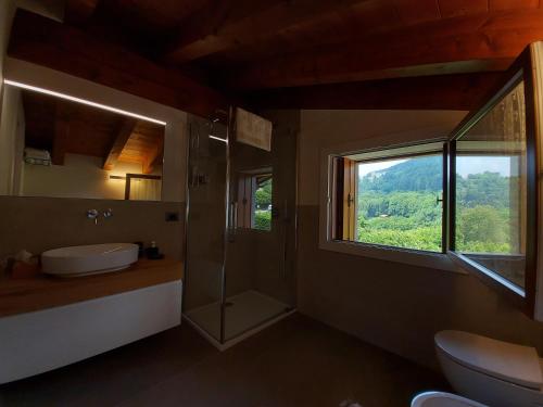 ein Bad mit einem Waschbecken, einer Dusche und einem Fenster in der Unterkunft B&B Stella Alpina in Fontanelle