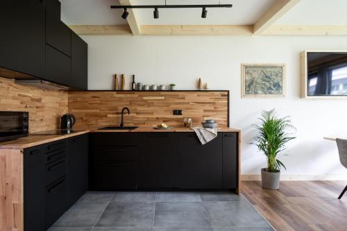 cocina con armarios negros y pared de madera en Mount Apart Center, en Zakopane