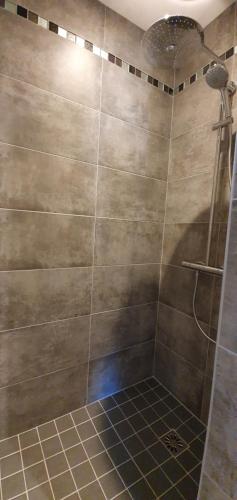 La salle de bains est pourvue d'une douche et d'un mur carrelé. dans l'établissement Les 5 rûches, à Courseulles-sur-Mer