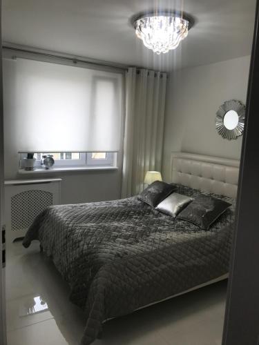 a bedroom with a bed and a window and a chandelier at Apartament Chanel Centrum in Malbork