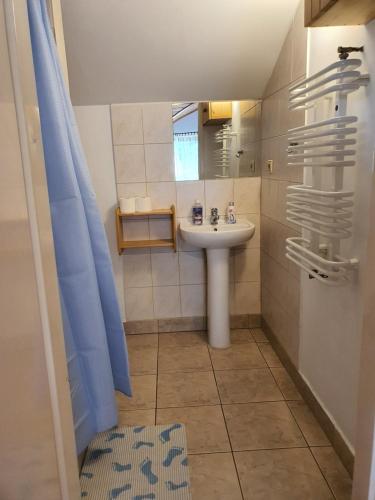 a small bathroom with a sink and a mirror at Siedlisko nad Sapiną in Kruklanki