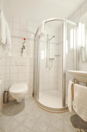 a white bathroom with a shower and a toilet at Haus Shangri-La in Saas-Fee
