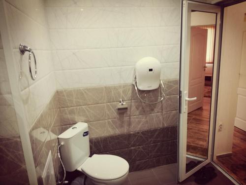 a bathroom with a toilet and a shower at Petrov Apartment in Tryavna