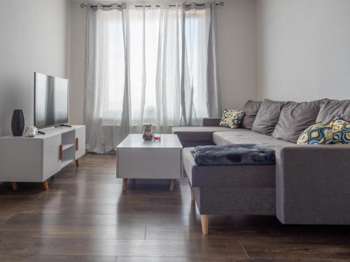 a living room with a couch and a tv at Relaxcentrum Ľudmila in Cabaj-Čápor