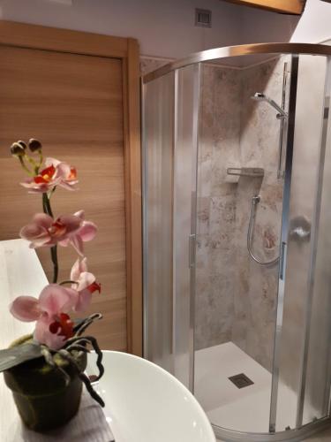 uma casa de banho com um chuveiro e um vaso com flores em Agriturismo Cabrele em Santorso