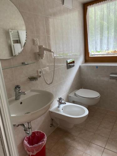 een badkamer met een wastafel, een toilet en een spiegel bij Jausenstation Saege in Riva di Tures