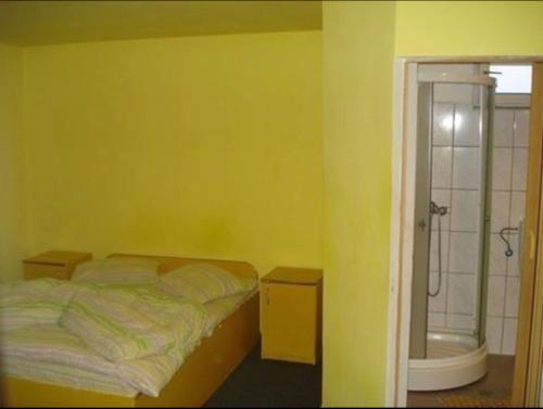 a bedroom with a bed and a shower at Motel California in Mărtineşti
