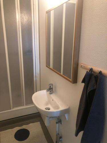 uma casa de banho com um lavatório e um espelho em Lejlighed i hjertet af Ribe em Ribe