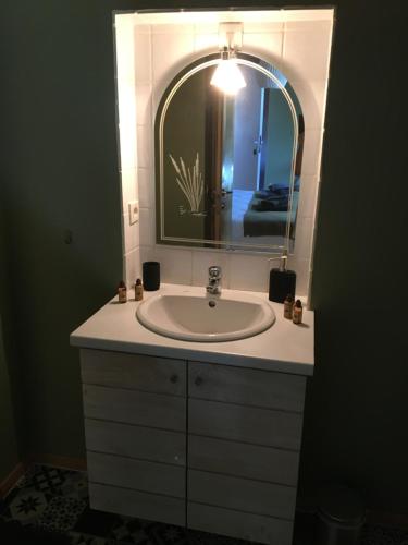 a bathroom with a sink and a mirror at Aux Couleurs de la Baie in Cherrueix