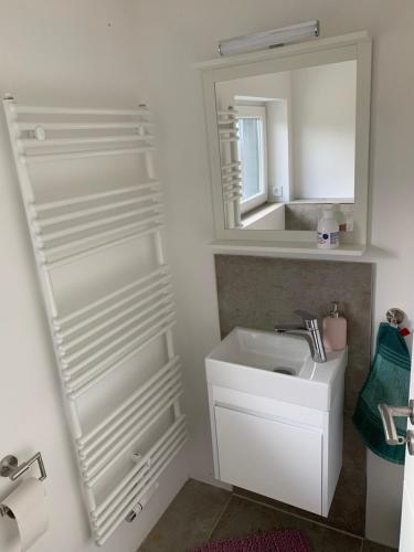 een witte badkamer met een wastafel en een spiegel bij Haus Steilufer Wohnung 2 in Lübeck