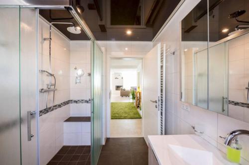 La salle de bains est pourvue d'une douche en verre et d'un lavabo. dans l'établissement Ruhe und Entspannung, à Erpolzheim