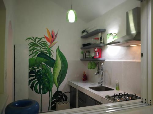 a kitchen with a sink and a plant on the wall at Villa Sonrisa in Las Terrenas