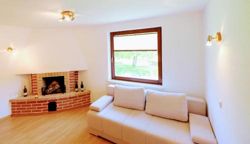 a living room with a couch and a fireplace at Small wooden houses and Apartments Zgornja Dobrava in Radovljica