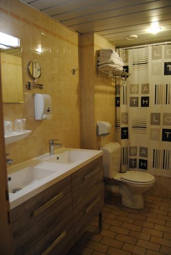 a bathroom with a sink and a toilet at Hôtel Acropolis - Lourdes in Lourdes