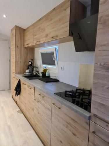 a kitchen with wooden cabinets and a computer on a counter at Holidays in Dirkshorn (Park de Horn 613) in Dirkshorn