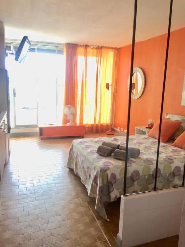 une chambre avec un lit et une grande fenêtre dans l'établissement Studio Naturiste PaulAna Héliopolis L39, au Cap d'Agde