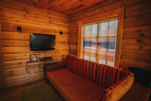 a living room with a couch and a television in a cabin at Guest House Baltās Dūjas in Saulkrasti