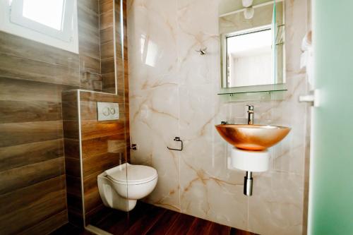 a bathroom with a toilet and a sink at Hotel Torini in Parga